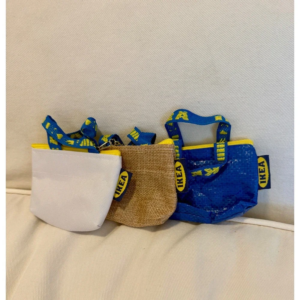 IKEA KNÖLIG Mini Bag Keychain Coin Purse Set of 3 Blue White Tan Burlap Zipper
